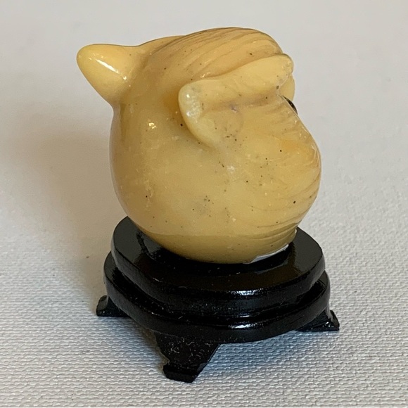 Vintage Yellow Jasper Owl Carving with Wood Stand Chubby Bird Mini Statue 1.4" - Picture 8 of 13